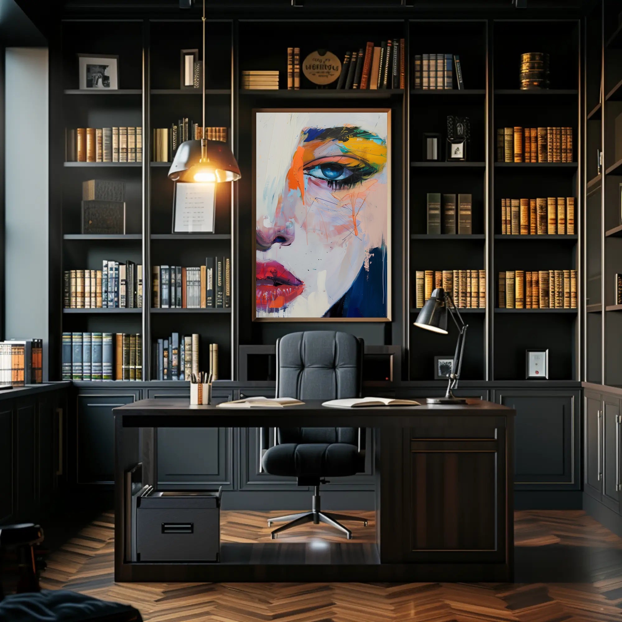 Vivid Abstract Face Art: Expressive Eye and Lips Poster PosterGoat