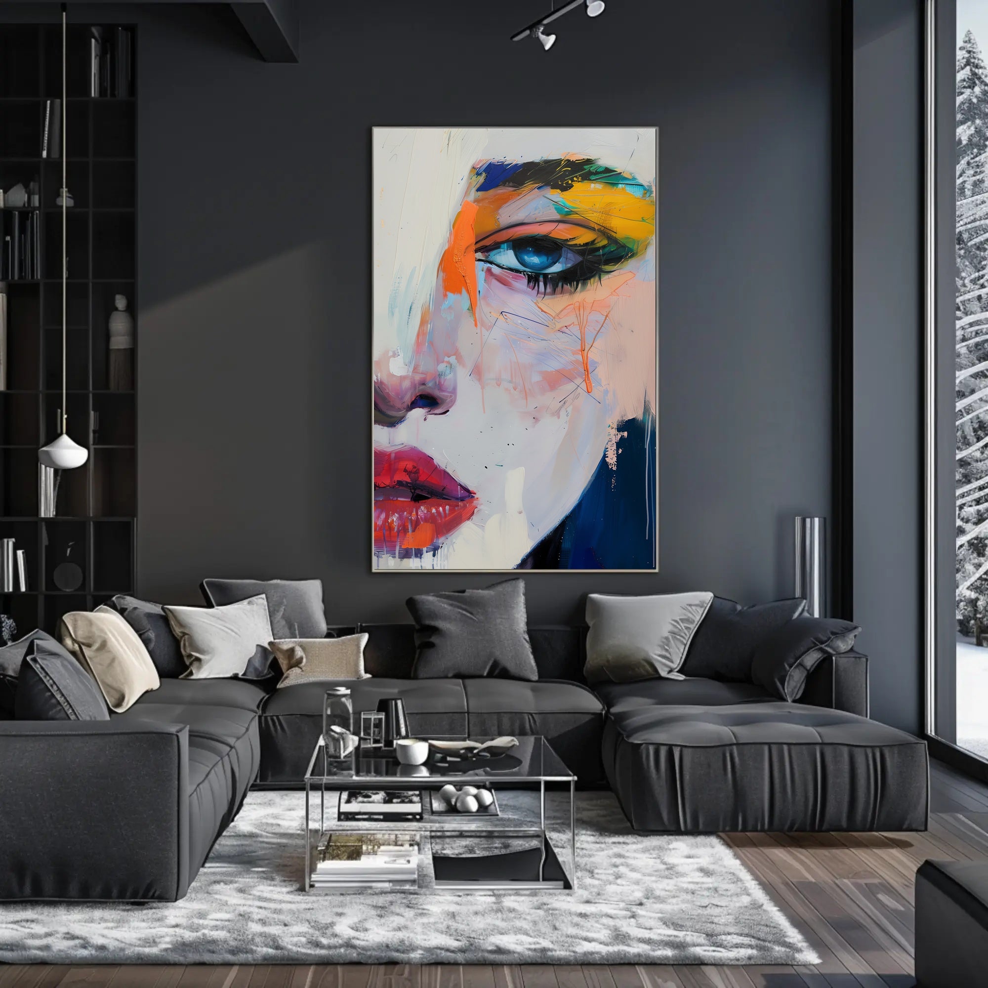 Vivid Abstract Face Art: Expressive Eye and Lips Poster PosterGoat