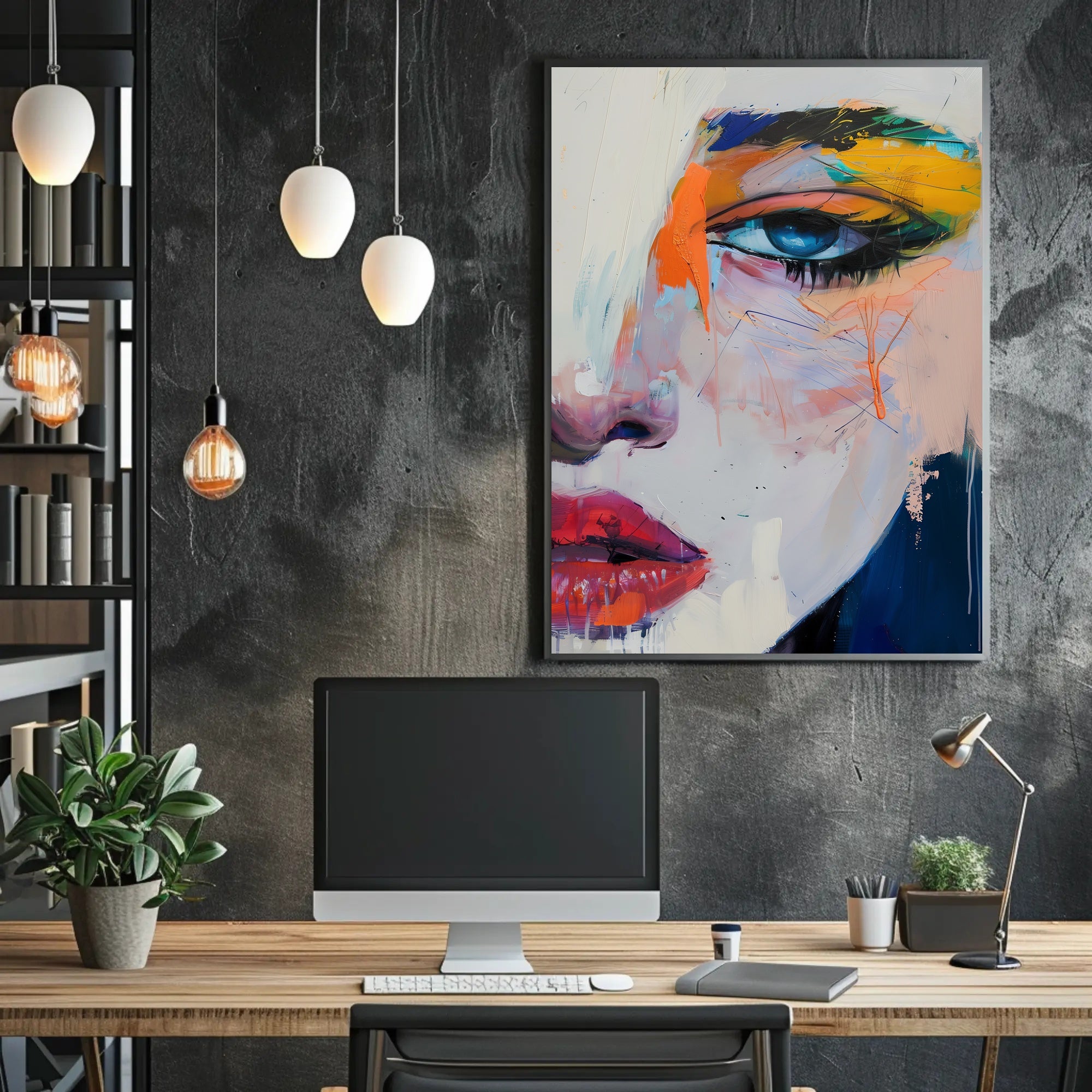Vivid Abstract Face Art: Expressive Eye and Lips Poster PosterGoat