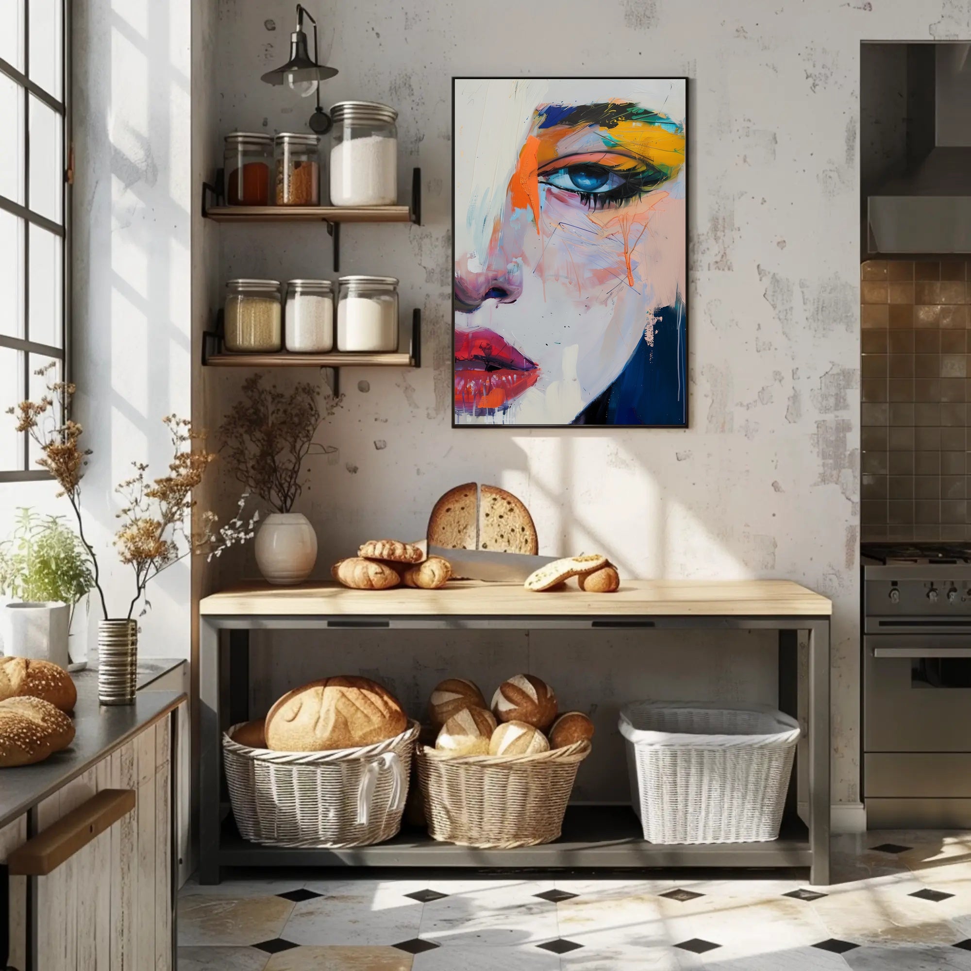 Vivid Abstract Face Art: Expressive Eye and Lips Poster PosterGoat