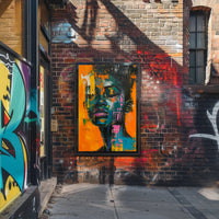Vivid Abstract Portrait on Vibrant Orange: Artistic Poster PosterGoat
