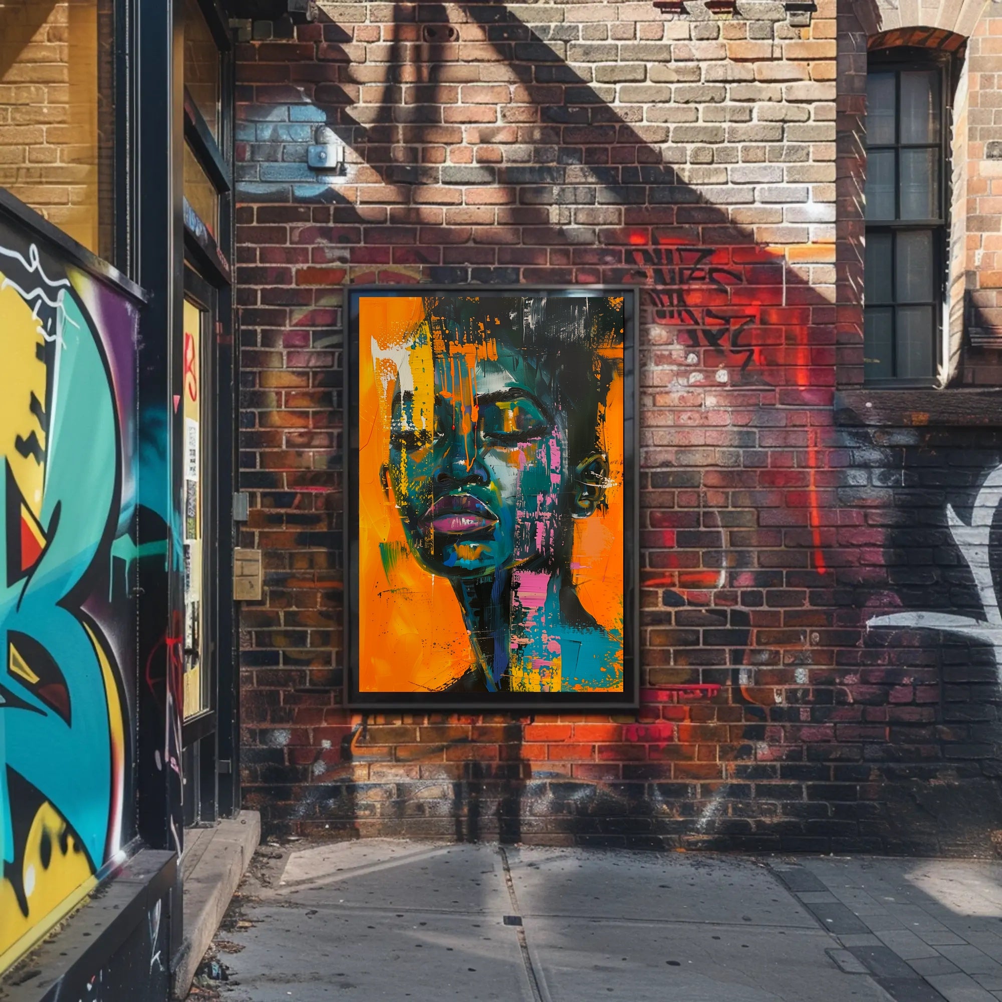 Vivid Abstract Portrait on Vibrant Orange: Artistic Poster PosterGoat