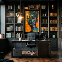 Vivid Abstract Portrait on Vibrant Orange: Artistic Poster PosterGoat