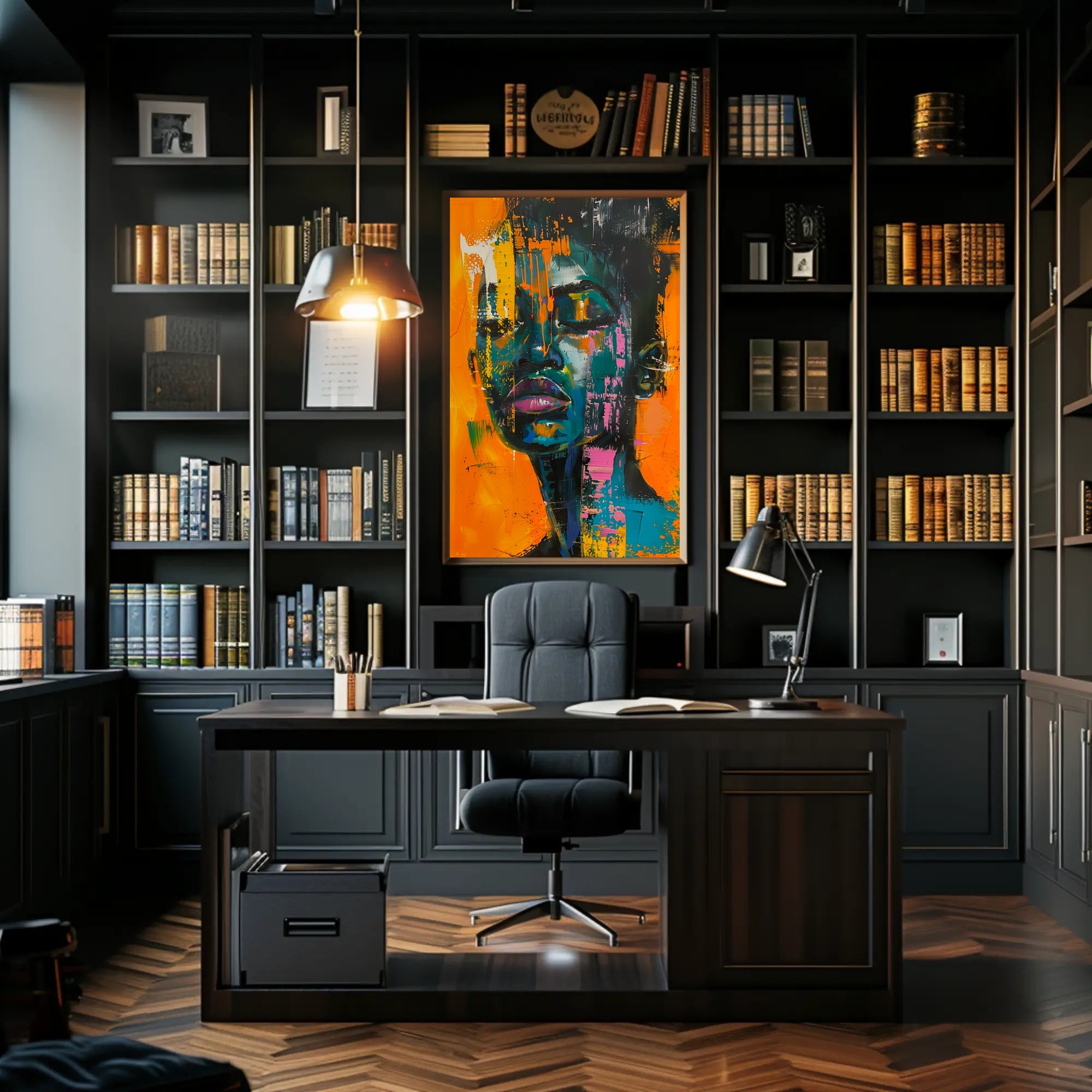 Vivid Abstract Portrait on Vibrant Orange: Artistic Poster PosterGoat