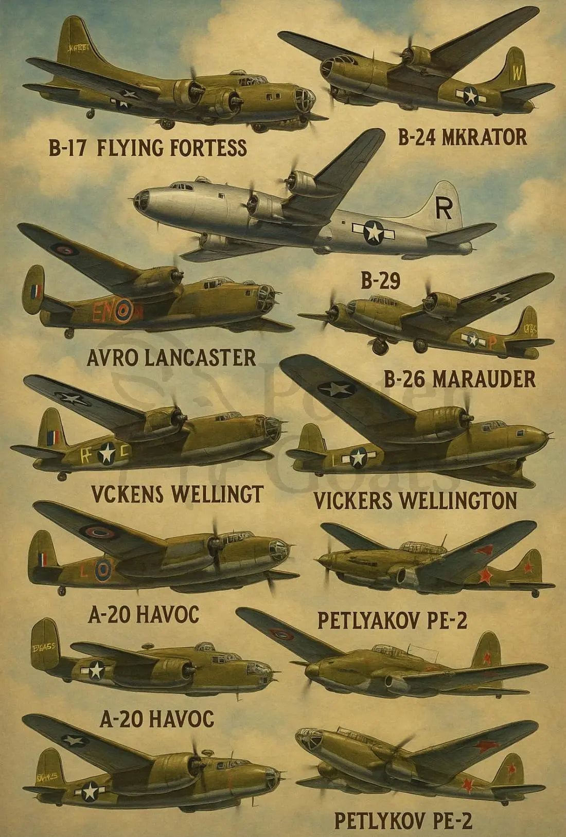 WWII Bombers Vintage-Style Illustration Poster PosterGoat