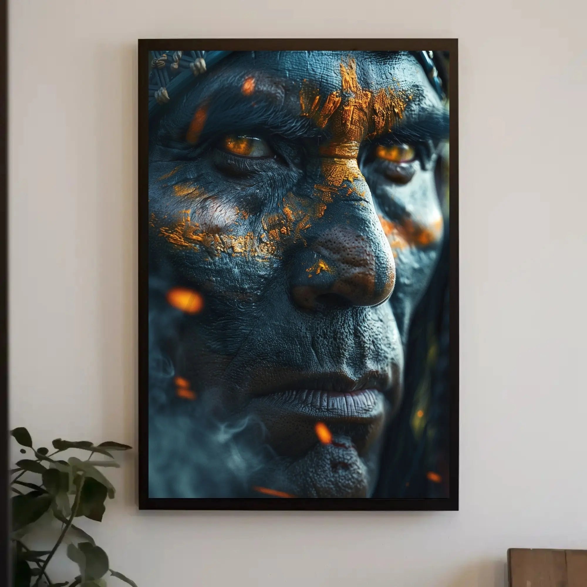 Warrior's Gaze: Intense Tribal Hyper-Realism Artistic Poster PosterGoat