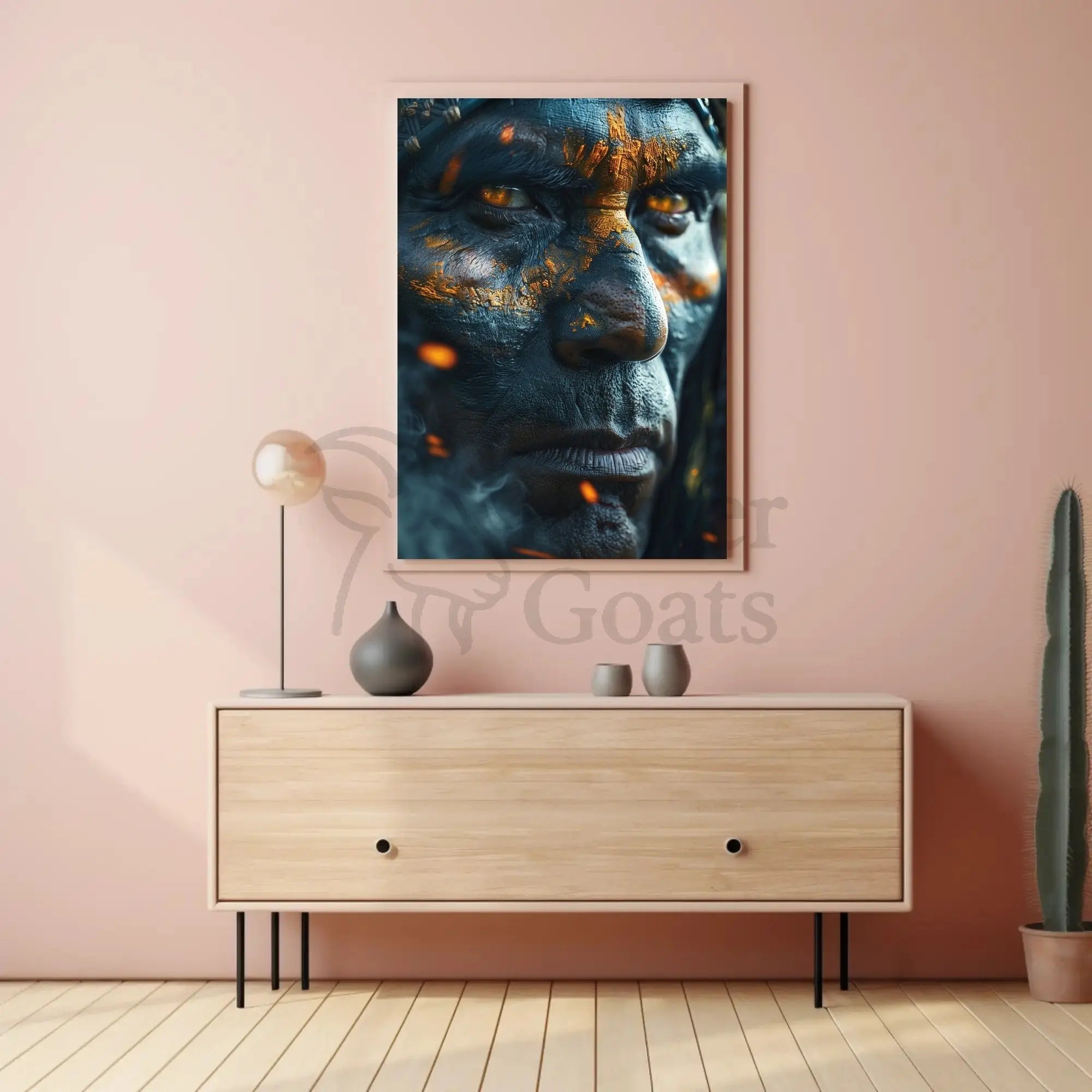Warrior's Gaze: Intense Tribal Hyper-Realism Artistic Poster PosterGoat