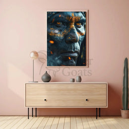 Warrior's Gaze: Intense Tribal Hyper-Realism Artistic Poster PosterGoat