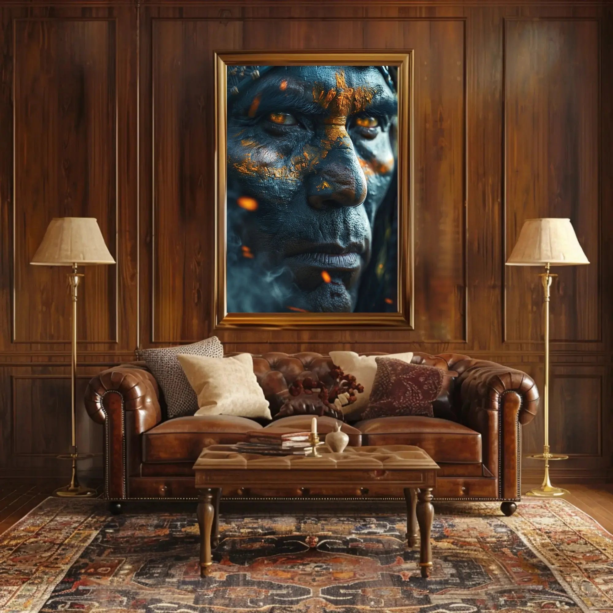 Warrior's Gaze: Intense Tribal Hyper-Realism Artistic Poster PosterGoat
