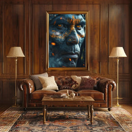 Warrior's Gaze: Intense Tribal Hyper-Realism Artistic Poster PosterGoat
