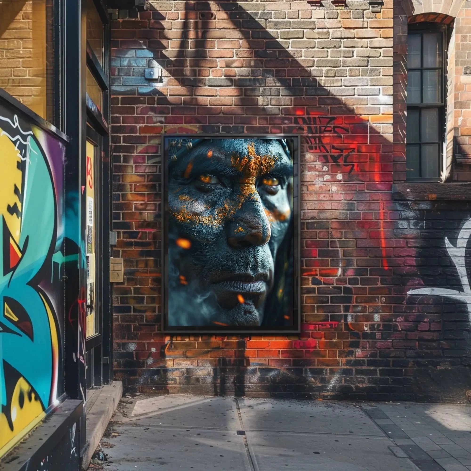 Warrior's Gaze: Intense Tribal Hyper-Realism Artistic Poster PosterGoat