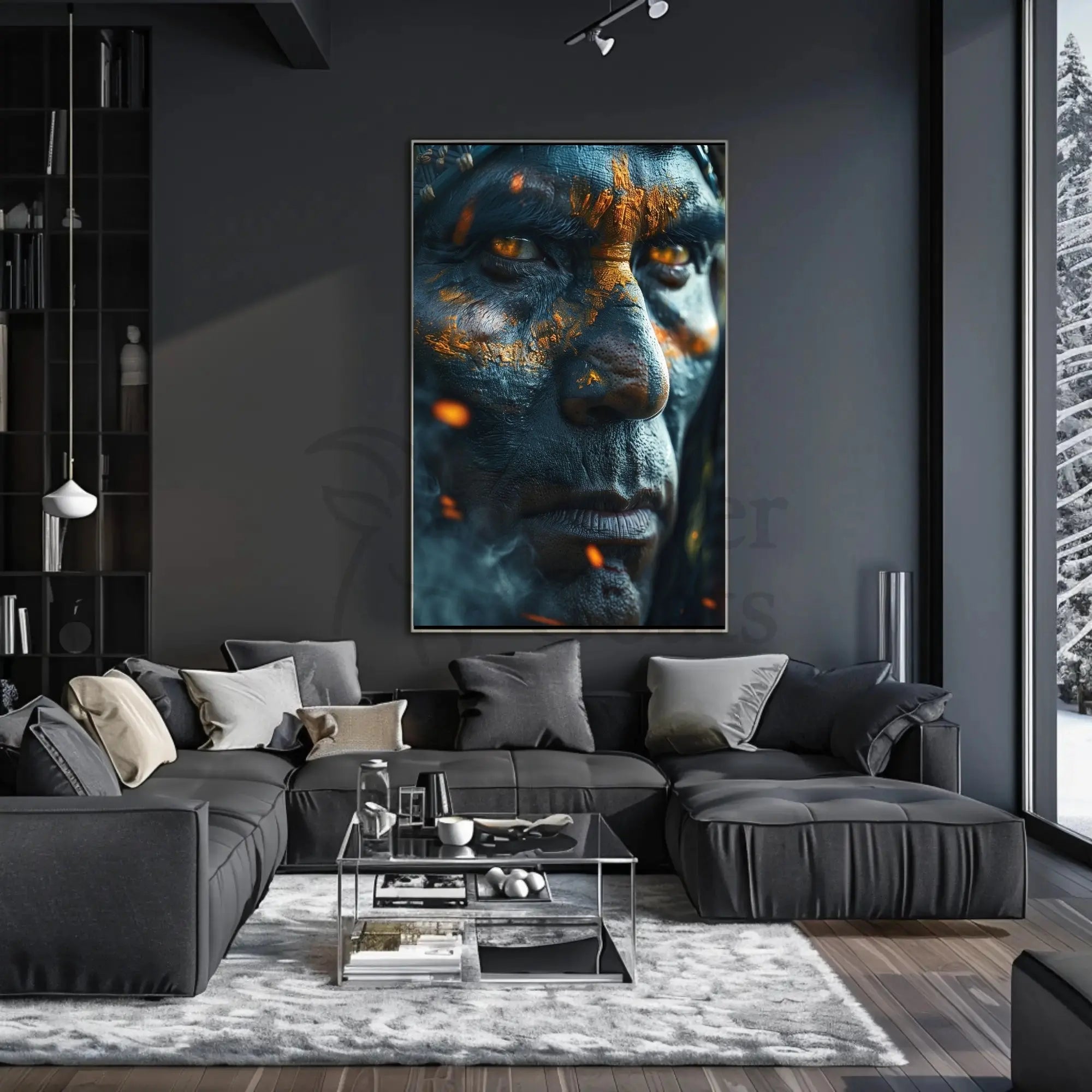 Warrior's Gaze: Intense Tribal Hyper-Realism Artistic Poster PosterGoat