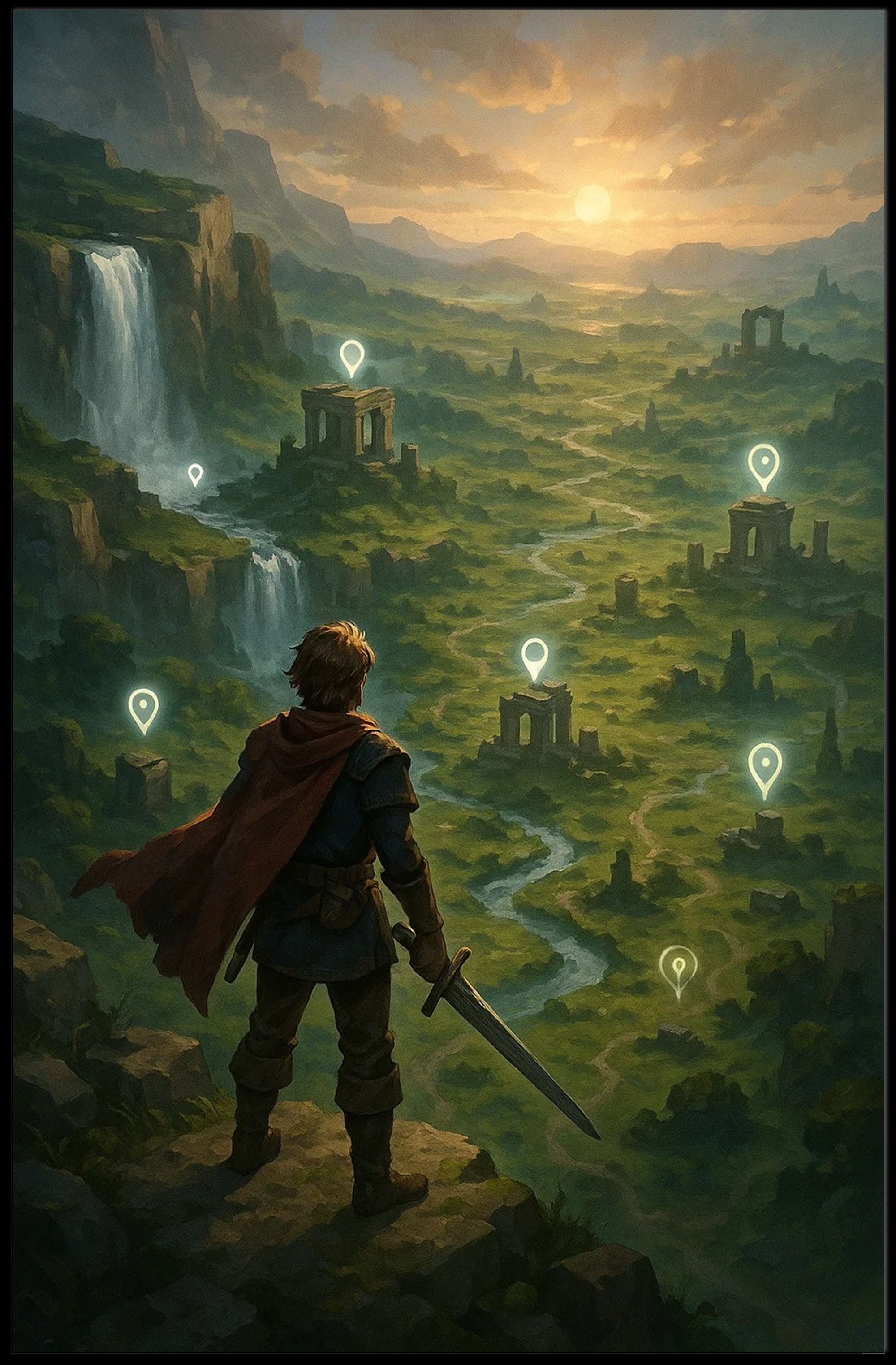 Warrior's Valley: Epic Fantasy Landscape Art Poster PosterGoat