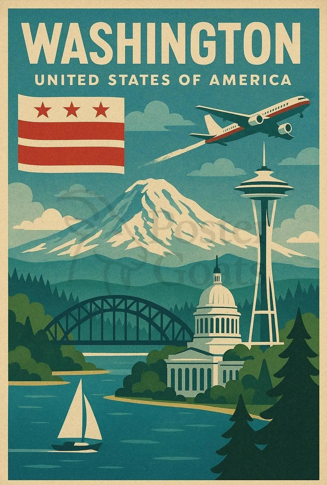 Washington Duality: Vintage Travel Aesthetic Meets Iconic Landmarks Poster PosterGoat