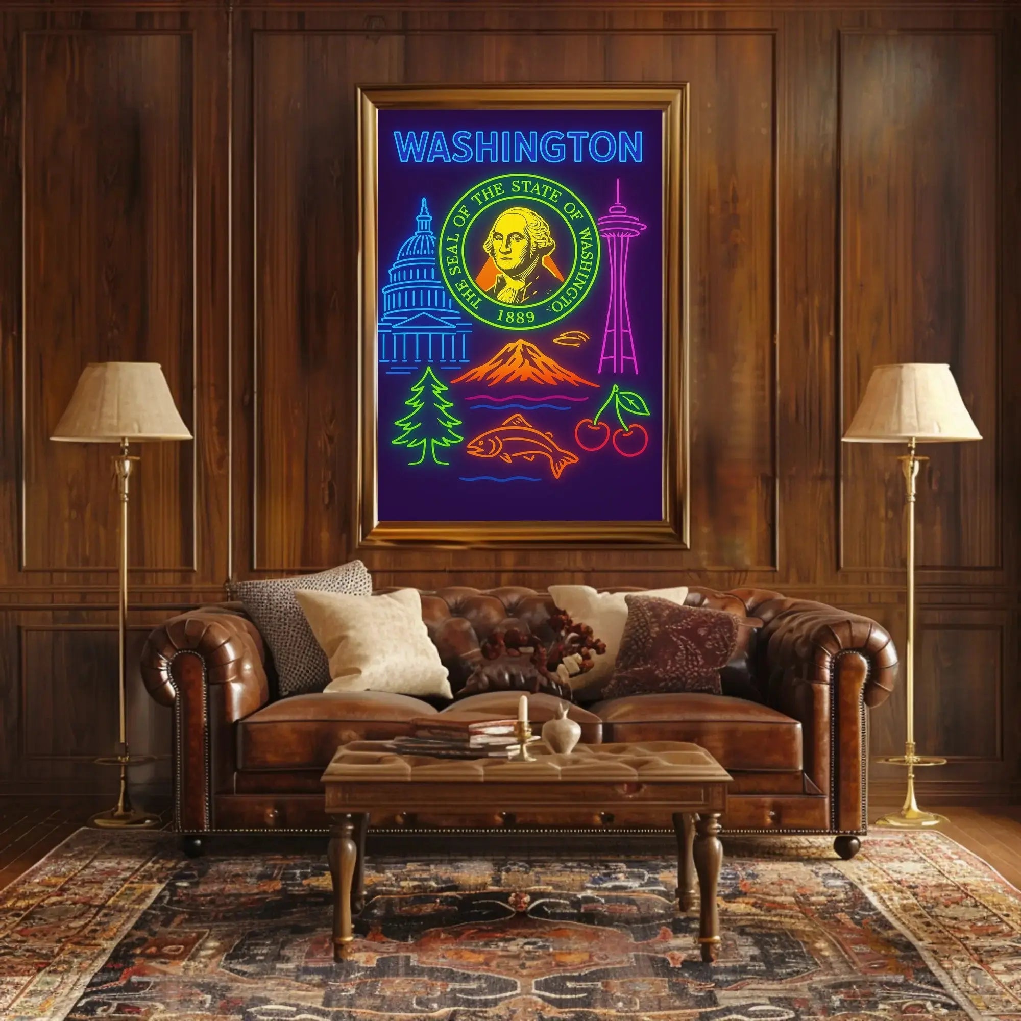 Washington State Neon Art Travel Poster PosterGoat