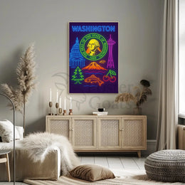 Washington State Neon Art Travel Poster PosterGoat