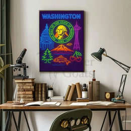 Washington State Neon Art Travel Poster PosterGoat