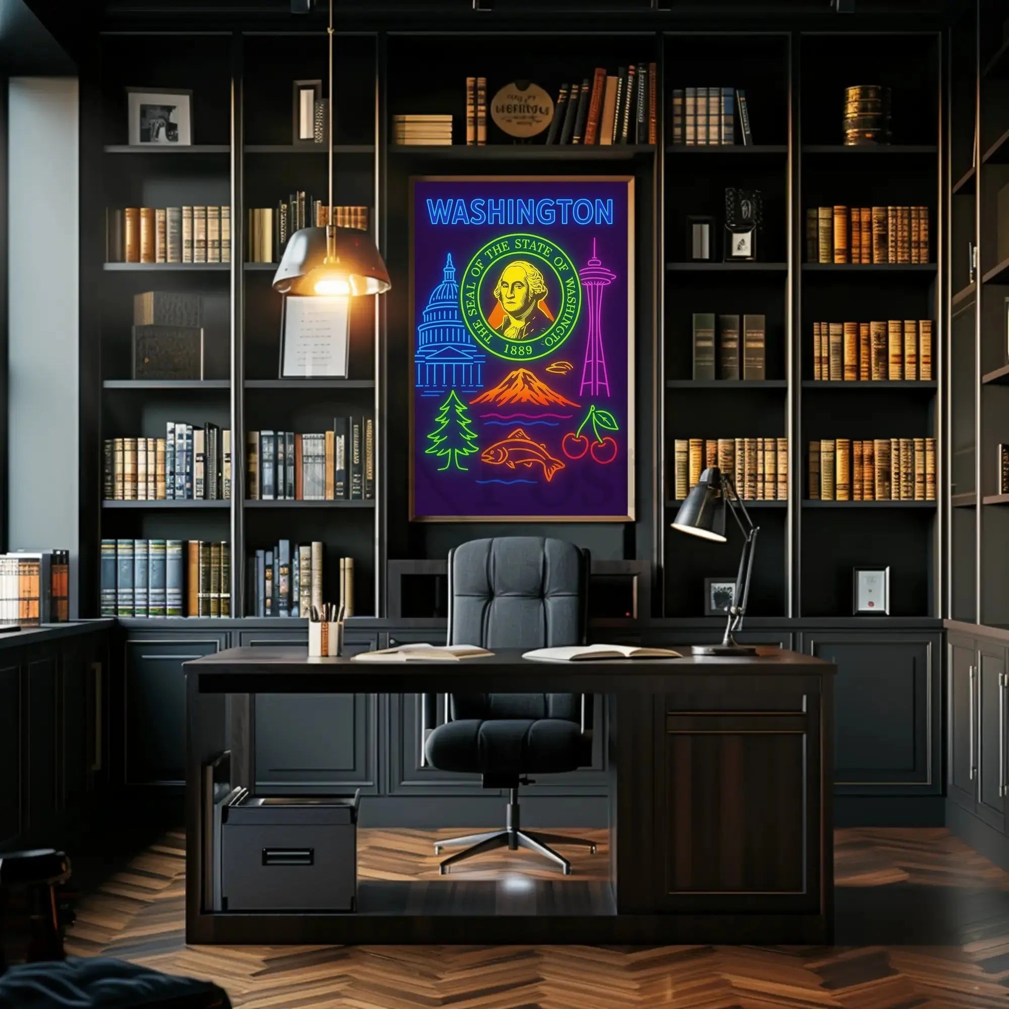 Washington State Neon Art Travel Poster PosterGoat