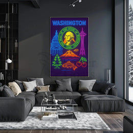 Washington State Neon Art Travel Poster PosterGoat
