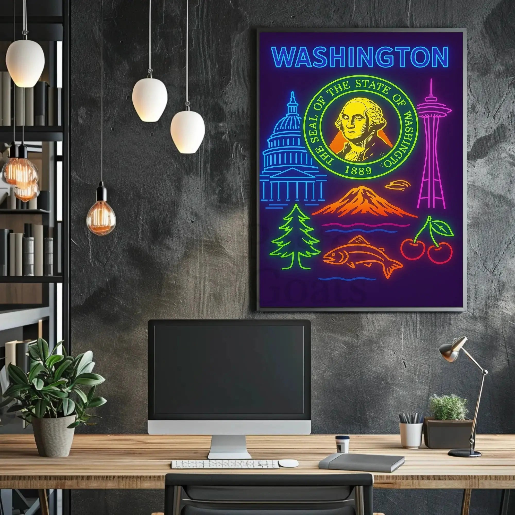 Washington State Neon Art Travel Poster PosterGoat