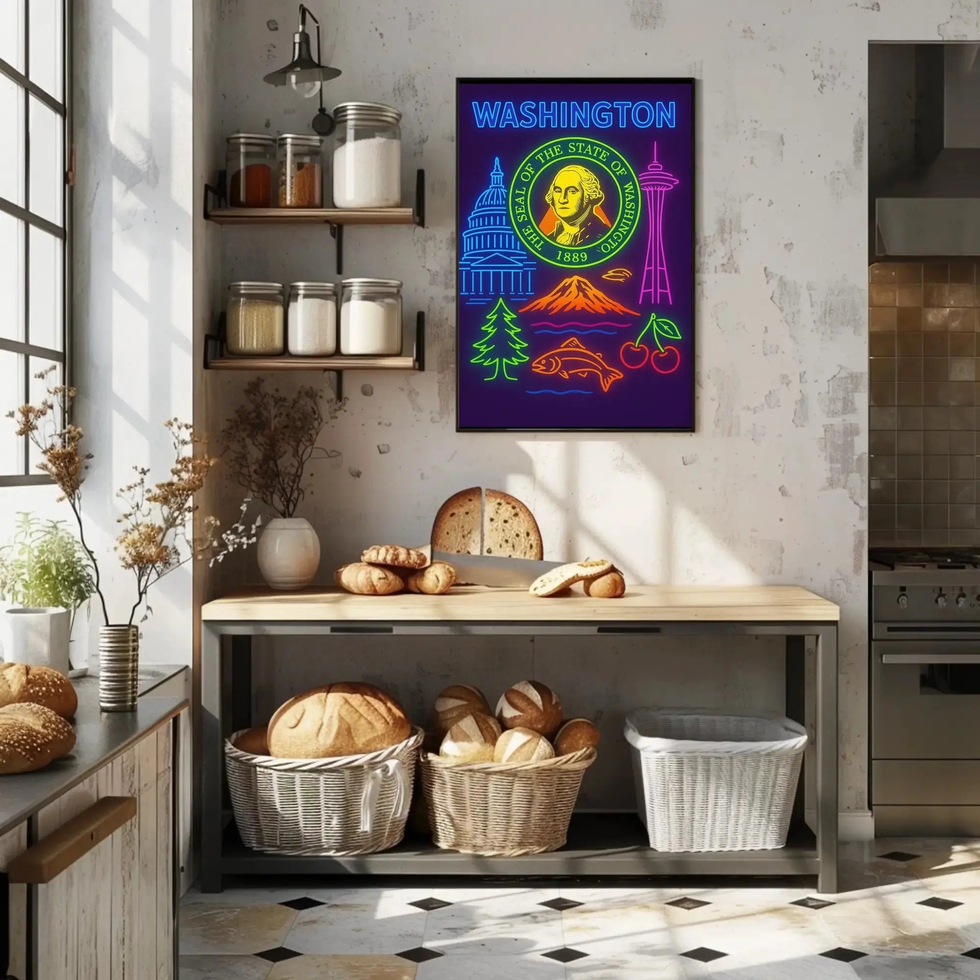 Washington State Neon Art Travel Poster PosterGoat