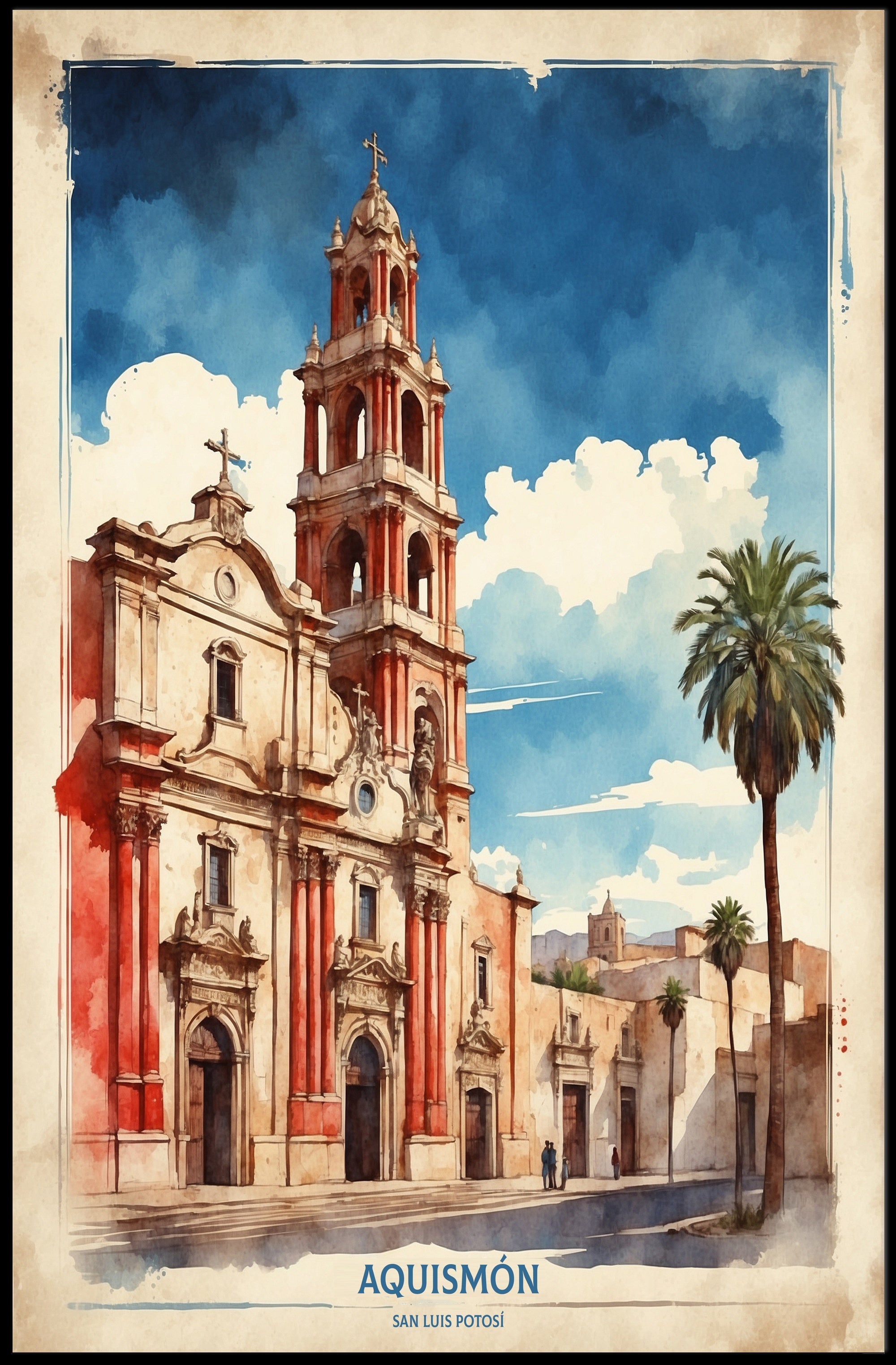Watercolor Church Art in Mexico Travel Poster PosterGoat