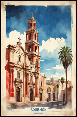 Watercolor Church Art in Mexico Travel Poster PosterGoat