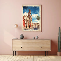 Watercolor Church Art in Mexico Travel Poster PosterGoat