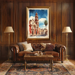 Watercolor Church Art in Mexico Travel Poster PosterGoat