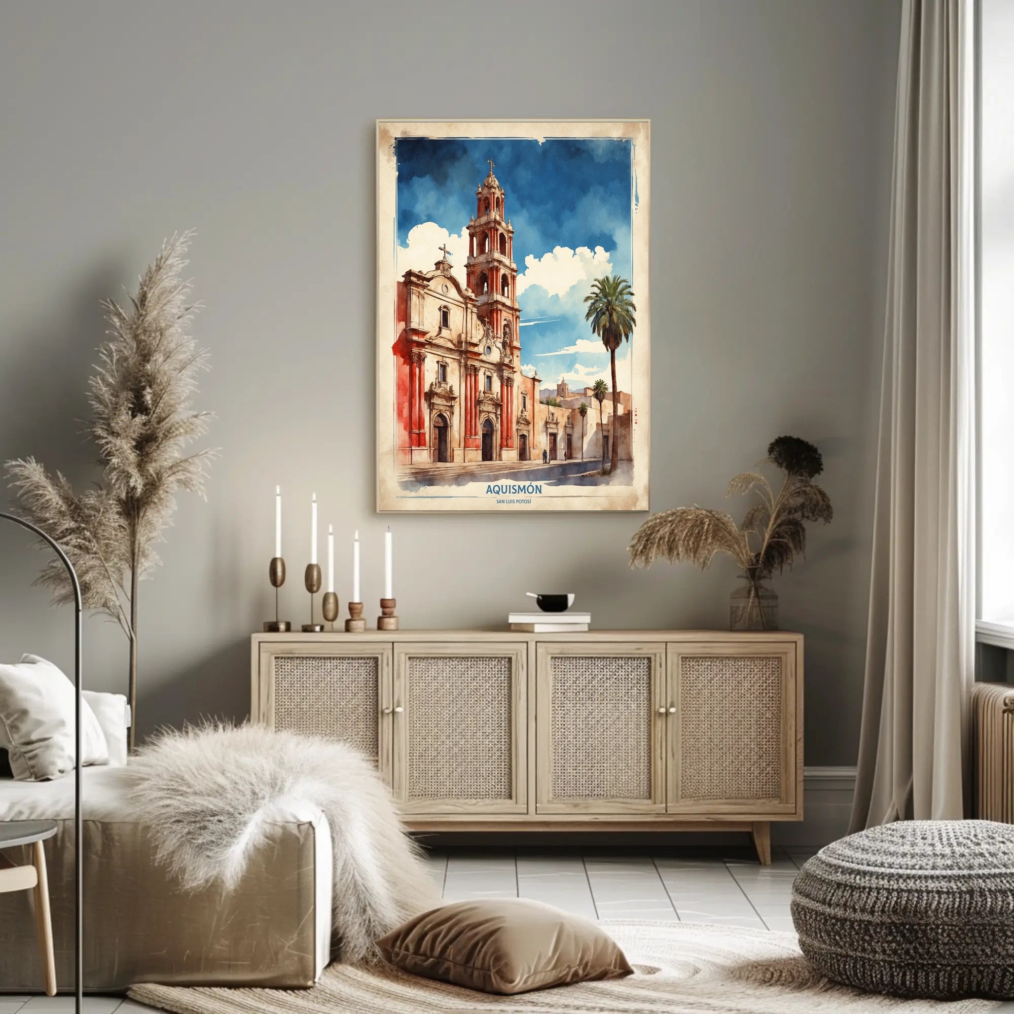 Watercolor Church Art in Mexico Travel Poster PosterGoat