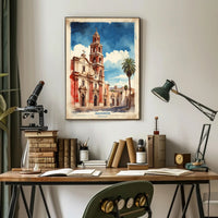 Watercolor Church Art in Mexico Travel Poster PosterGoat