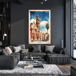 Watercolor Church Art in Mexico Travel Poster PosterGoat