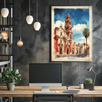 Watercolor Church Art in Mexico Travel Poster PosterGoat