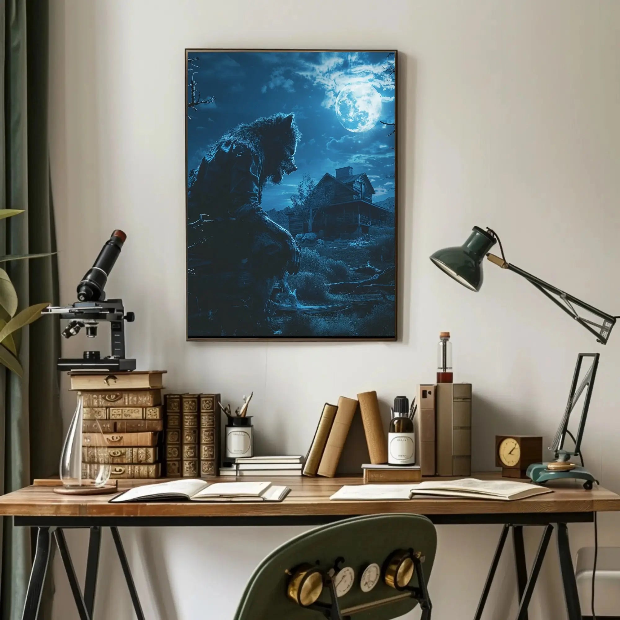 Werewolf Horror Scene in Eerie Rural Setting Artistic Poster PosterGoat