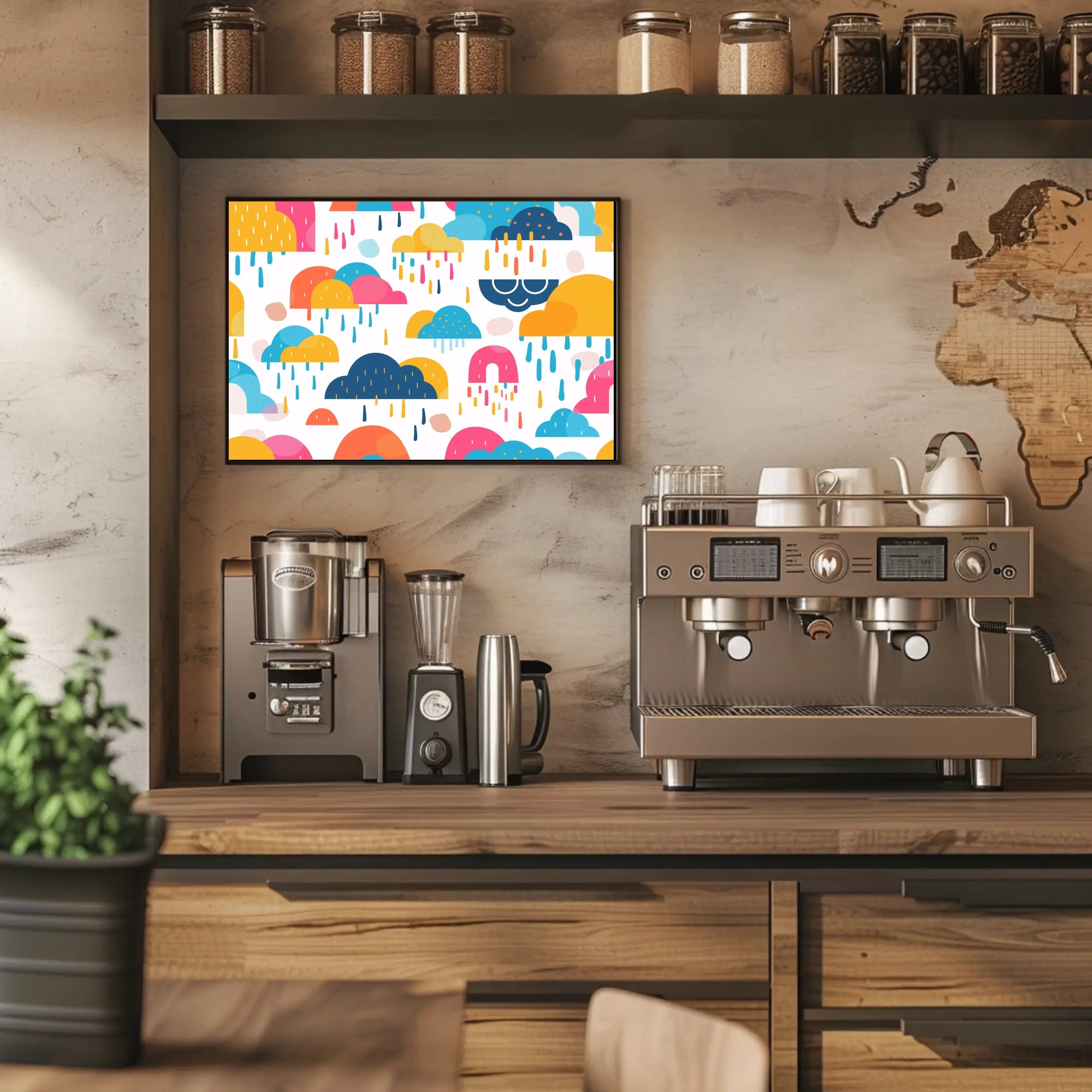 Whimsical Abstract Clouds and Raindrops Artistic Poster PosterGoat