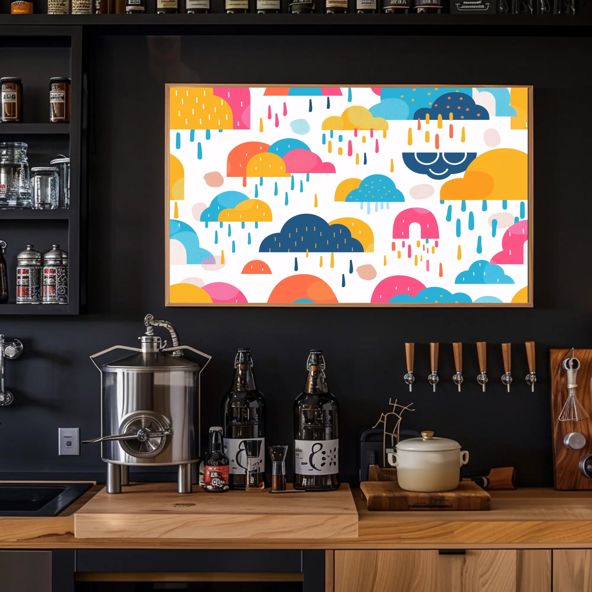 Whimsical Abstract Clouds and Raindrops Artistic Poster PosterGoat