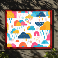 Whimsical Abstract Clouds and Raindrops Artistic Poster PosterGoat