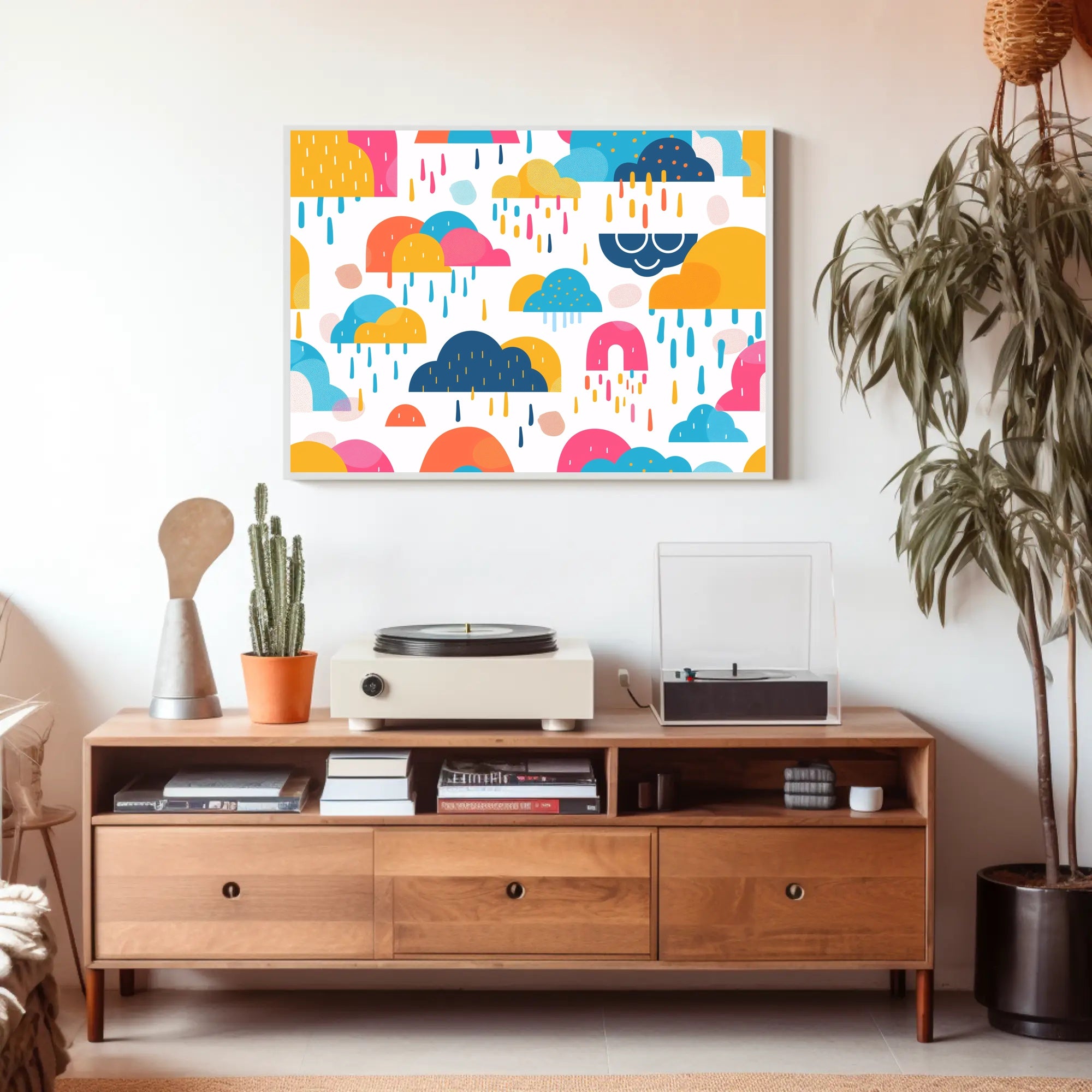 Whimsical Abstract Clouds and Raindrops Artistic Poster PosterGoat