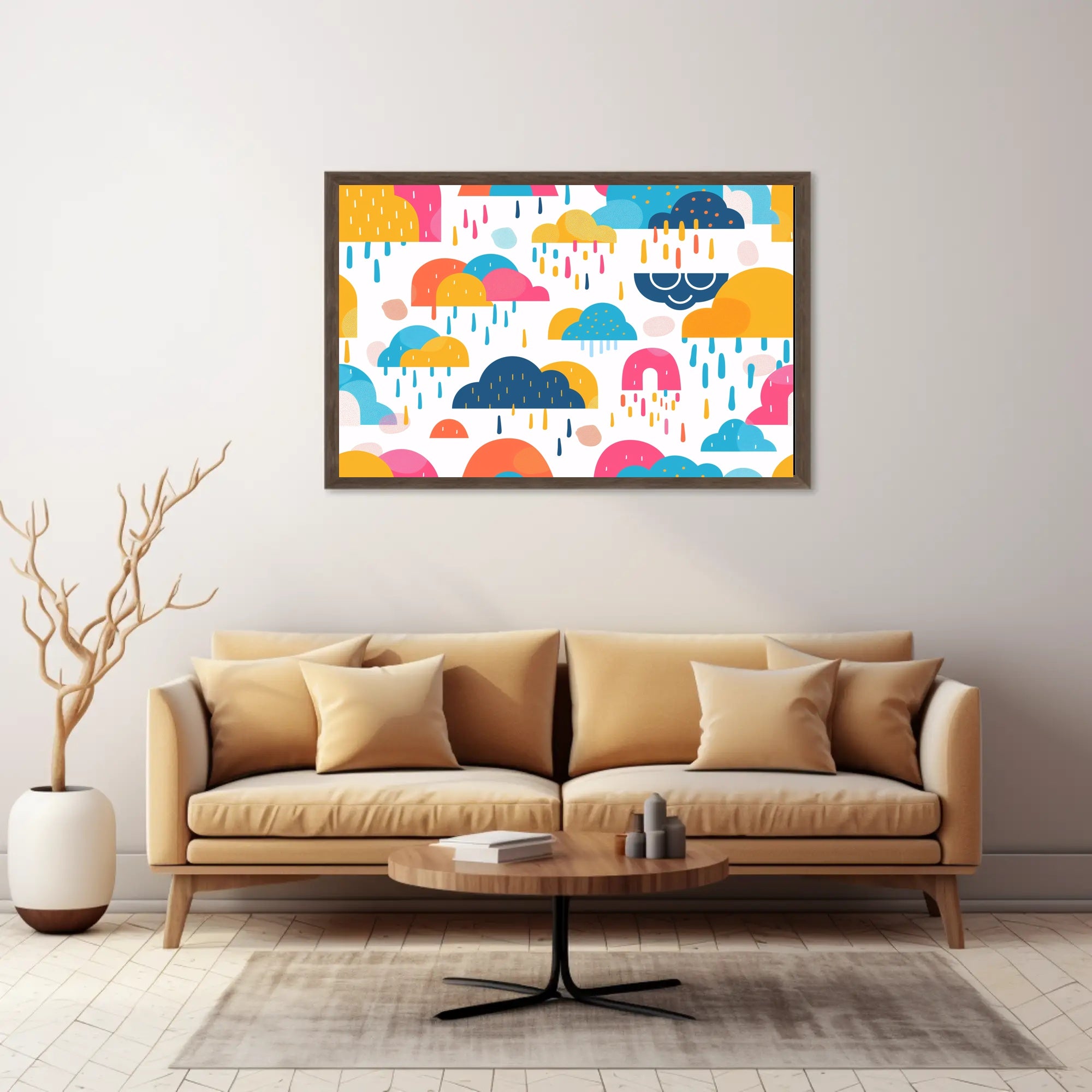 Whimsical Abstract Clouds and Raindrops Artistic Poster PosterGoat