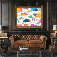 Whimsical Abstract Clouds and Raindrops Artistic Poster PosterGoat
