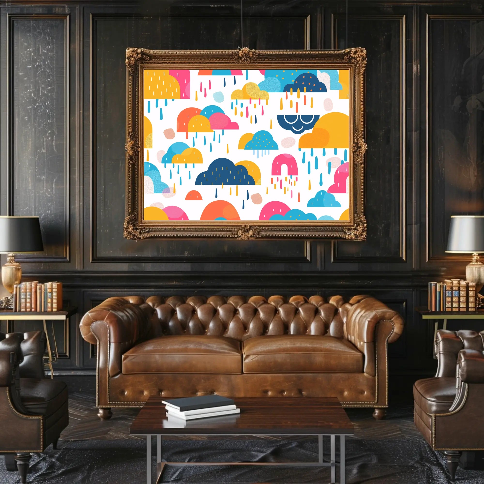 Whimsical Abstract Clouds and Raindrops Artistic Poster PosterGoat