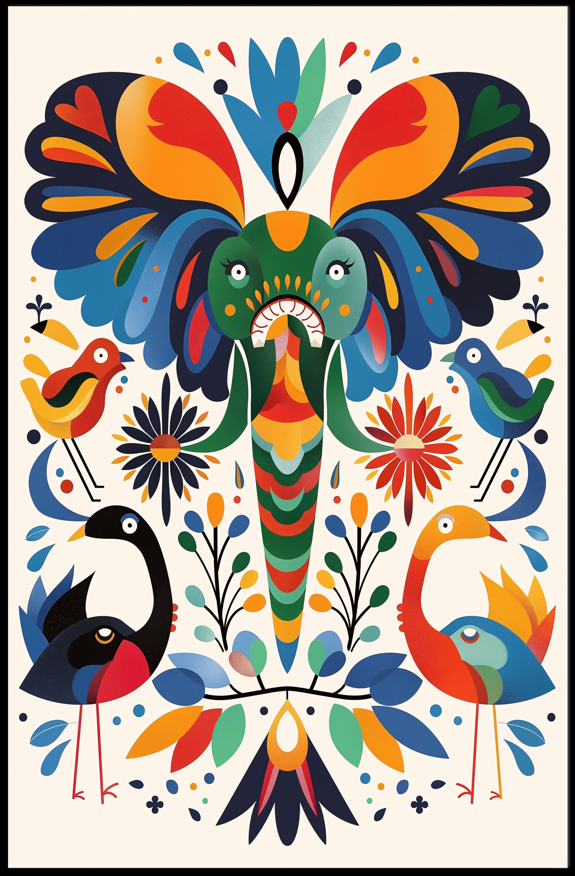Whimsical Animal Poster: Vibrant Elephant & Birds Artwork PosterGoat