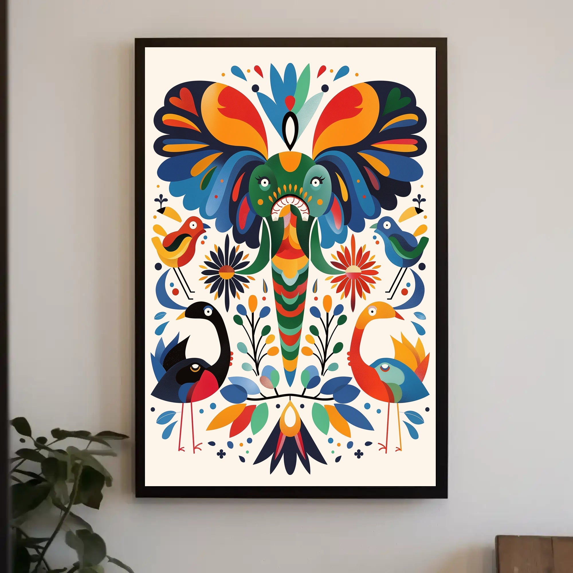 Whimsical Animal Poster: Vibrant Elephant & Birds Artwork PosterGoat