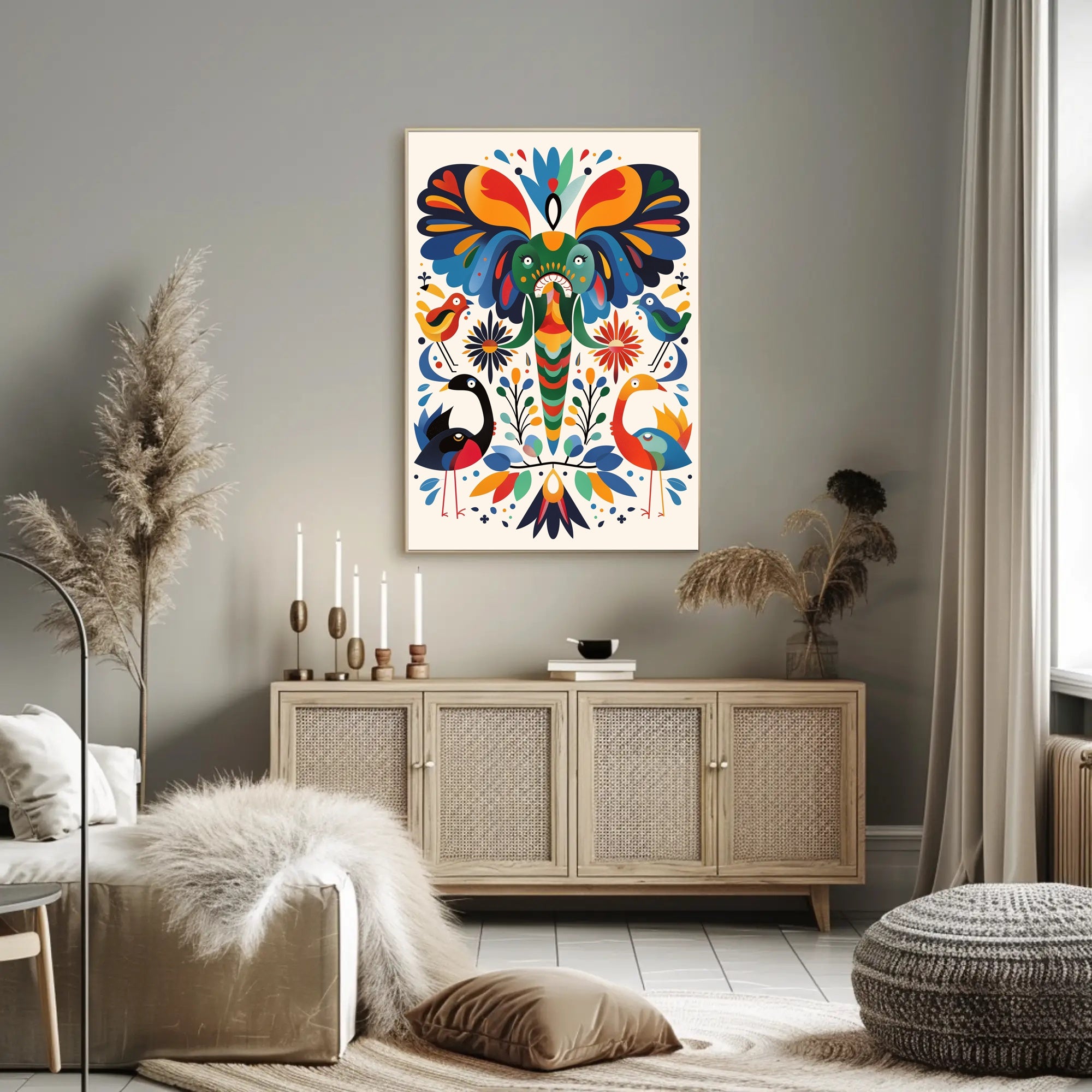 Whimsical Animal Poster: Vibrant Elephant & Birds Artwork PosterGoat
