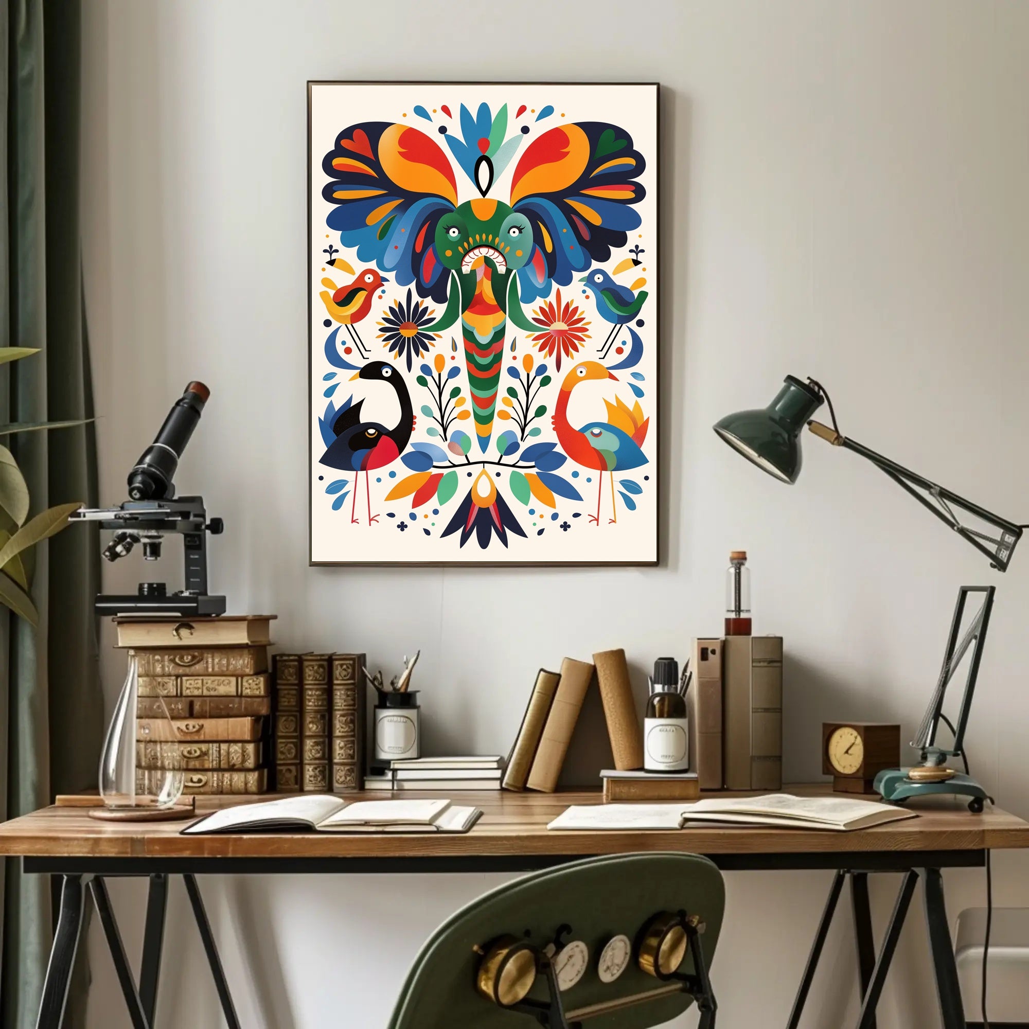 Whimsical Animal Poster: Vibrant Elephant & Birds Artwork PosterGoat