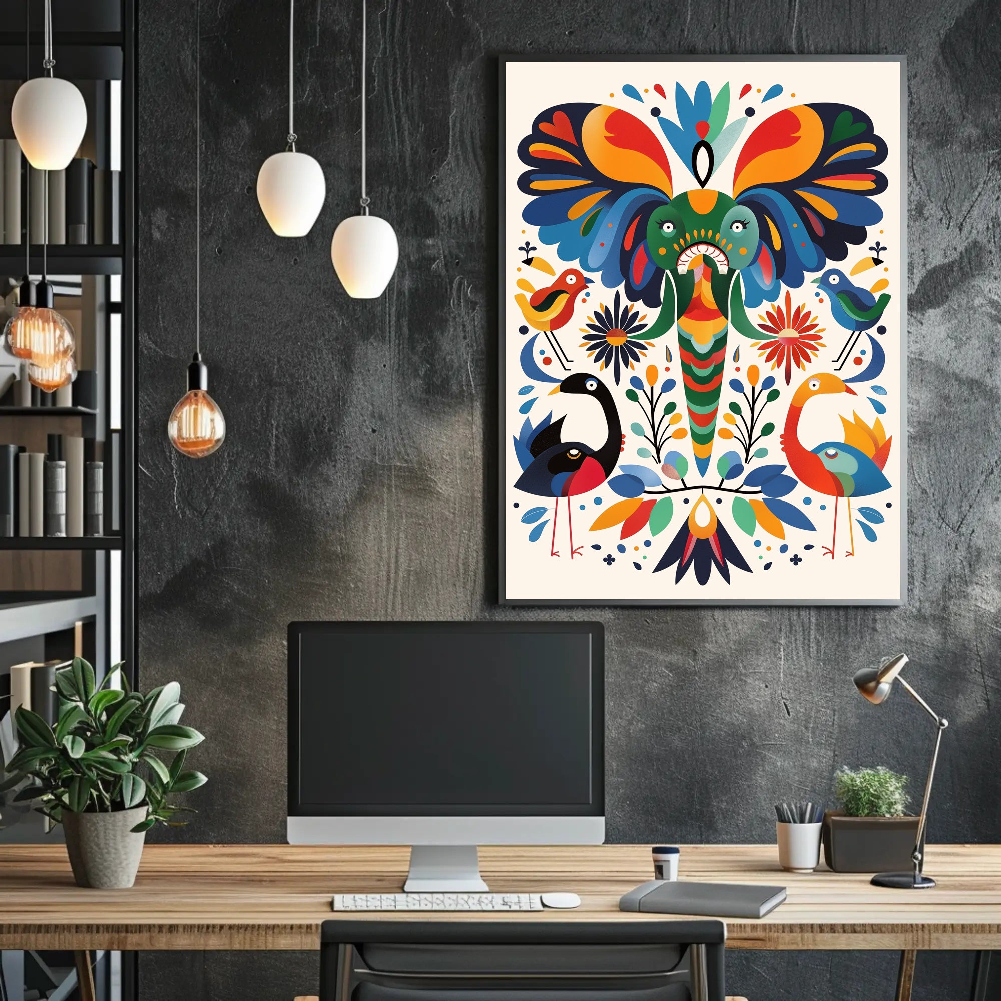 Whimsical Animal Poster: Vibrant Elephant & Birds Artwork PosterGoat