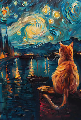 Whimsical Cat Night Sky Artistic Poster PosterGoat