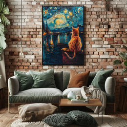 Whimsical Cat Night Sky Artistic Poster PosterGoat