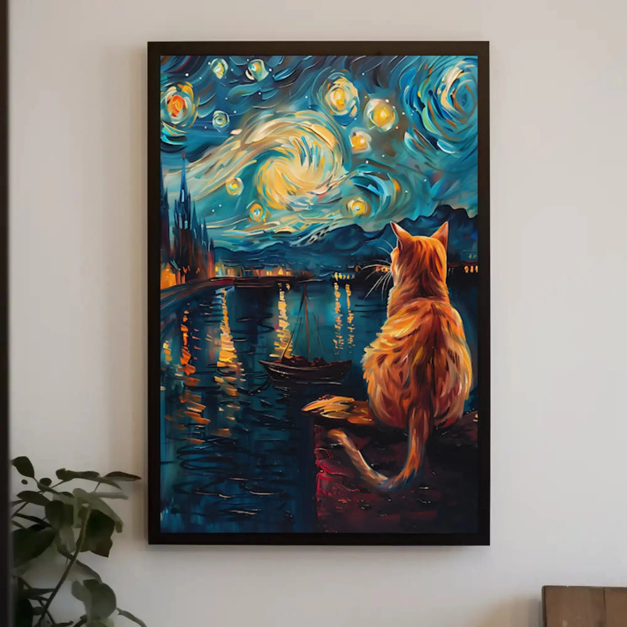 Whimsical Cat Night Sky Artistic Poster PosterGoat
