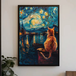 Whimsical Cat Night Sky Artistic Poster PosterGoat